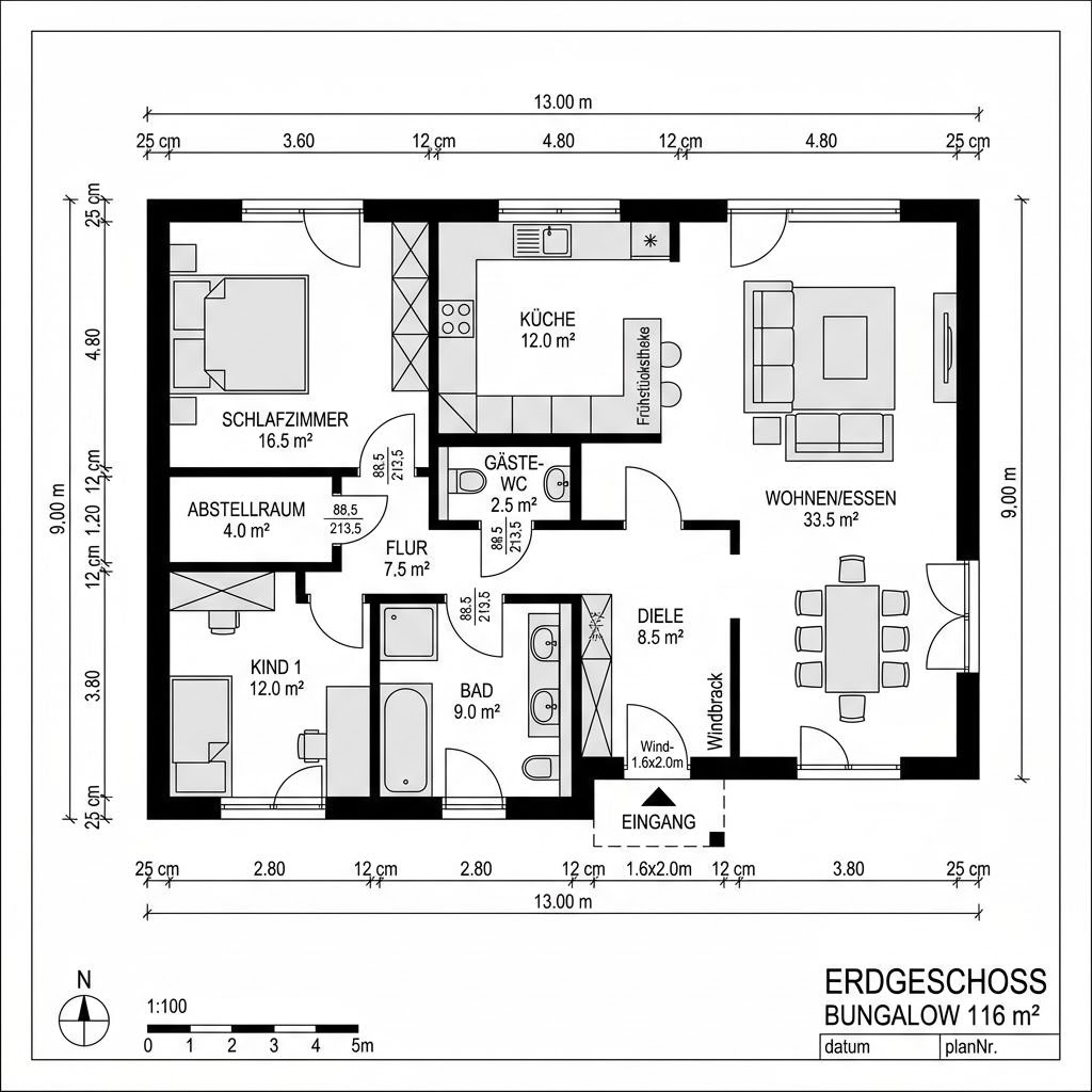 Grundriss Bungalow 116 von Fingerhut Haus — 116 m², 4 Zimmer
