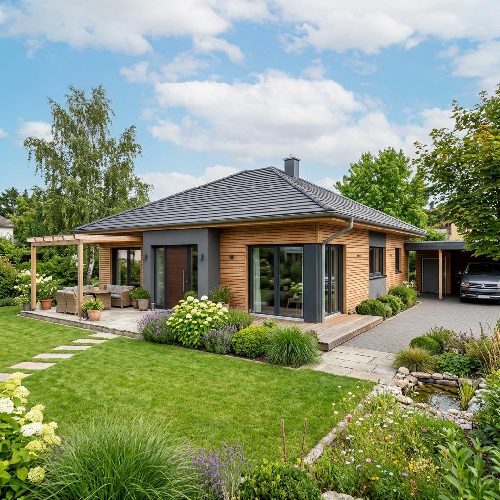 Bungalow Buche 114 von Frammelsberger Holzhaus — ebenerdiges Holzhaus mit Walmdach und 114 m²