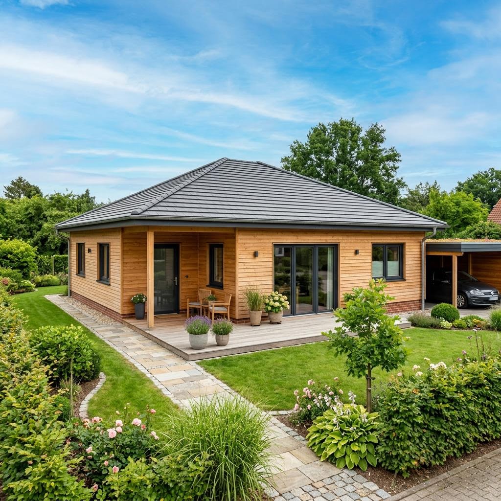 Bungalow Buche 128 von Frammelsberger Holzhaus — Holzbungalow mit Walmdach und 128 m²