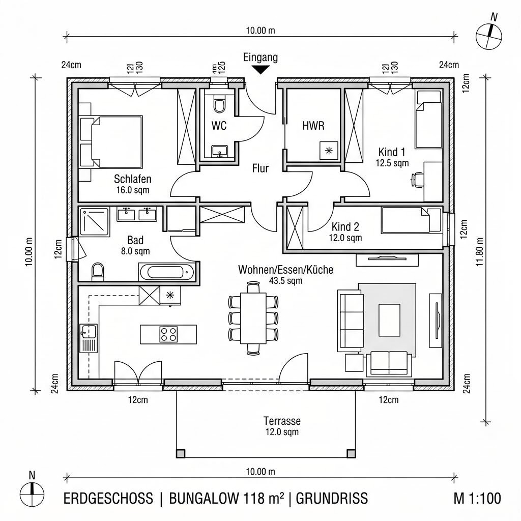 Grundriss Bungalow Ulme 118 von Frammelsberger Holzhaus — 118 m², 4 Zimmer