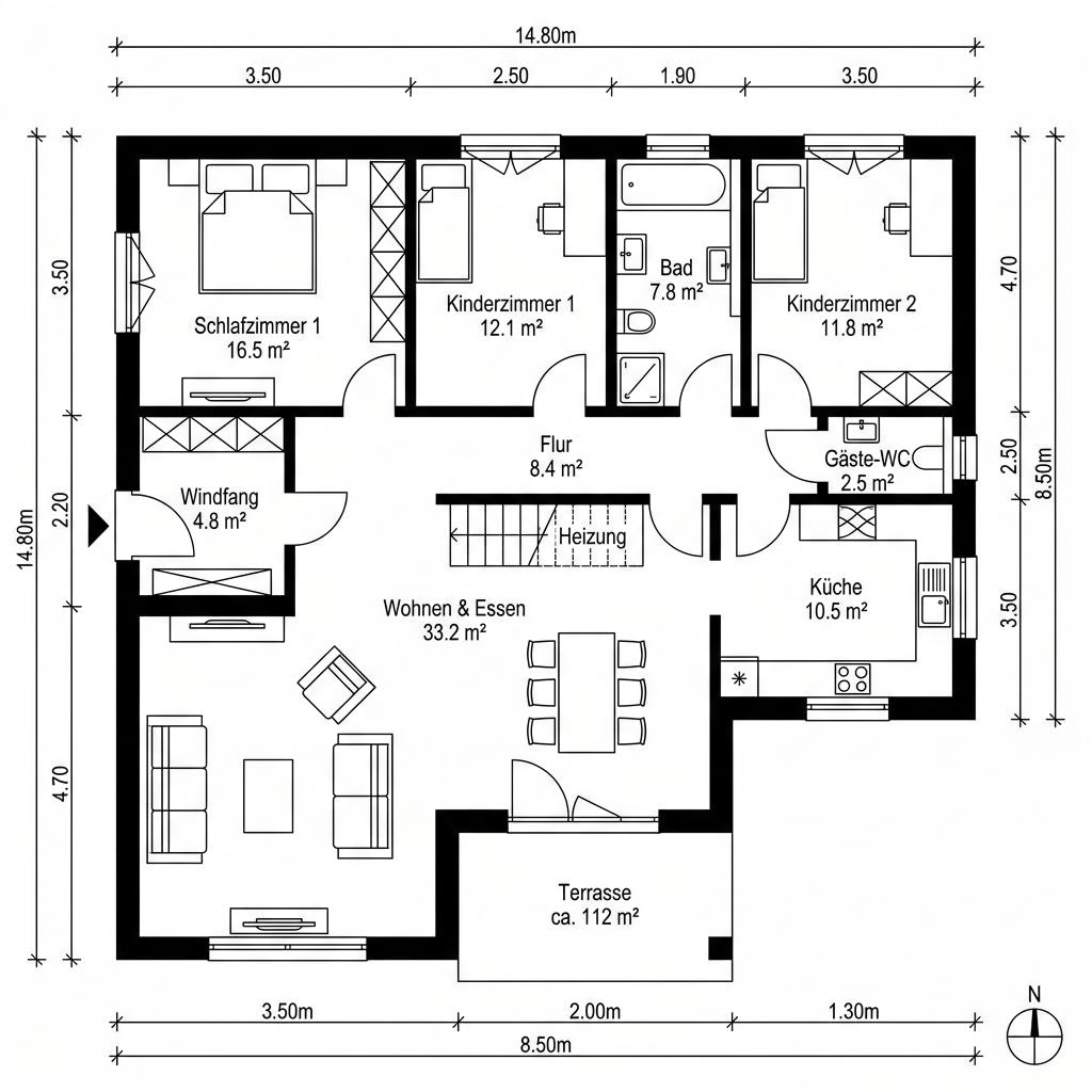 Grundriss Bungalow 112 von Haacke Haus — 112 m², 4 Zimmer