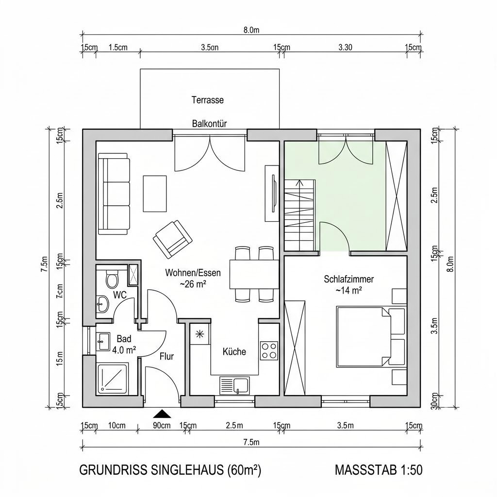Grundriss FlexHome FH 60 – 60 m² Singlehaus mit 2 Zimmern