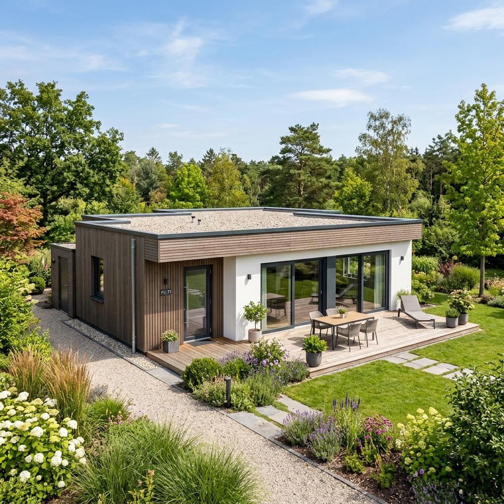 Singlehaus FlexHome FH 71 A von Haas Fertigbau mit Flachdach — Fertighaus mit rund 71 m²