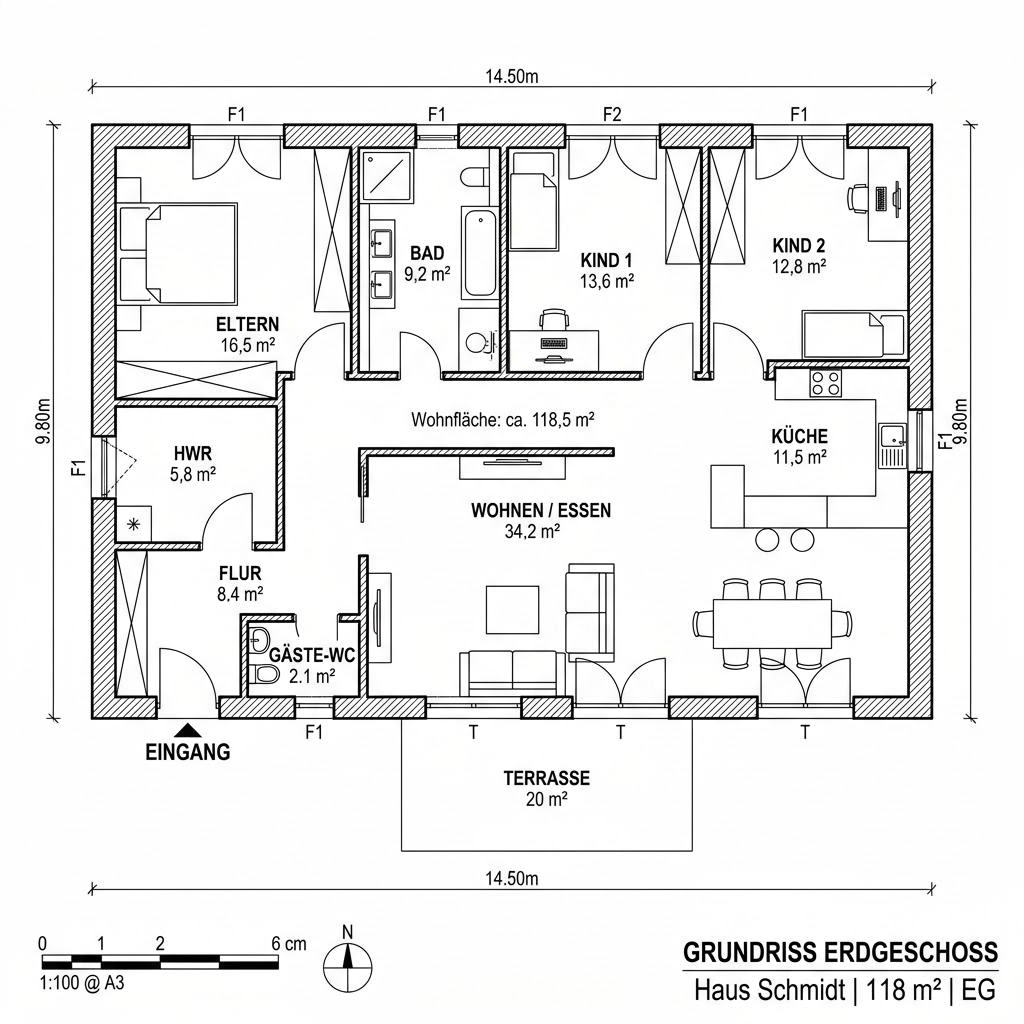 Grundriss Bungalow VARIANT 118 von Hanse Haus — 118 m², 4 Zimmer