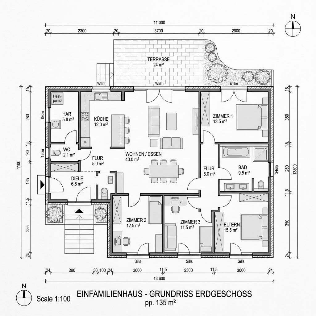 Grundriss Bungalow VARIANT 135 von Hanse Haus — 135 m², 5 Zimmer