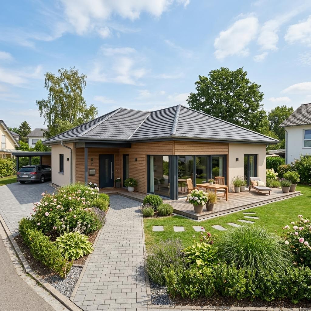 Bungalow 105 von Hartl Haus — ebenerdiges Echtholz-Fertighaus mit Walmdach und 105 m²