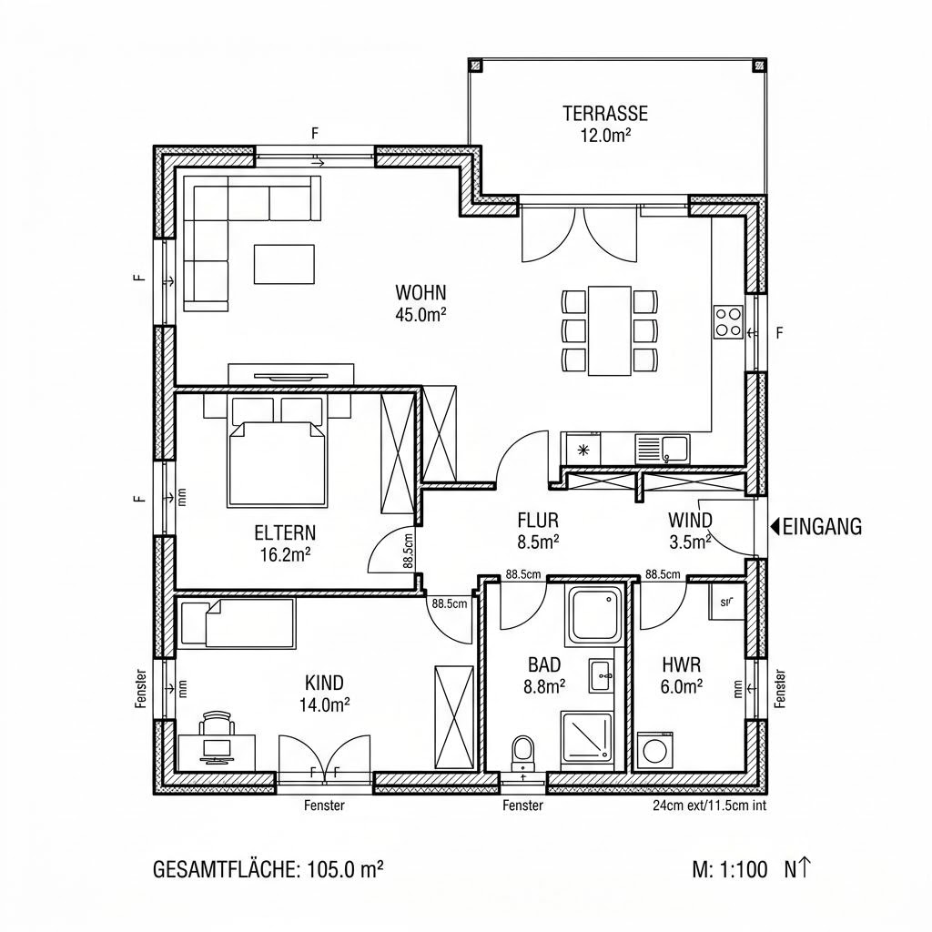 Grundriss Bungalow 105 von Hartl Haus — 105 m², 3 Zimmer