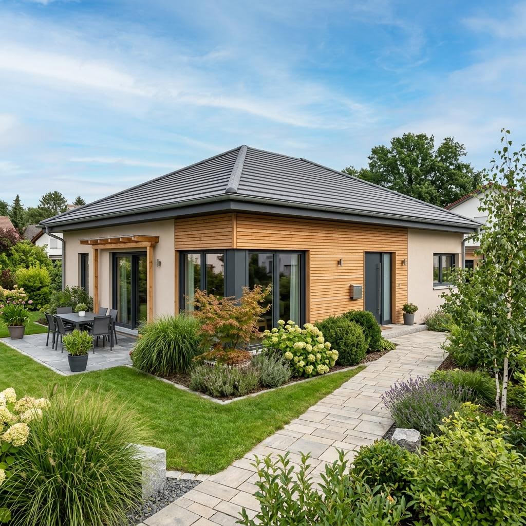 Bungalow 125 von Hartl Haus — Echtholz-Fertighaus in Winkelform mit 125 m²