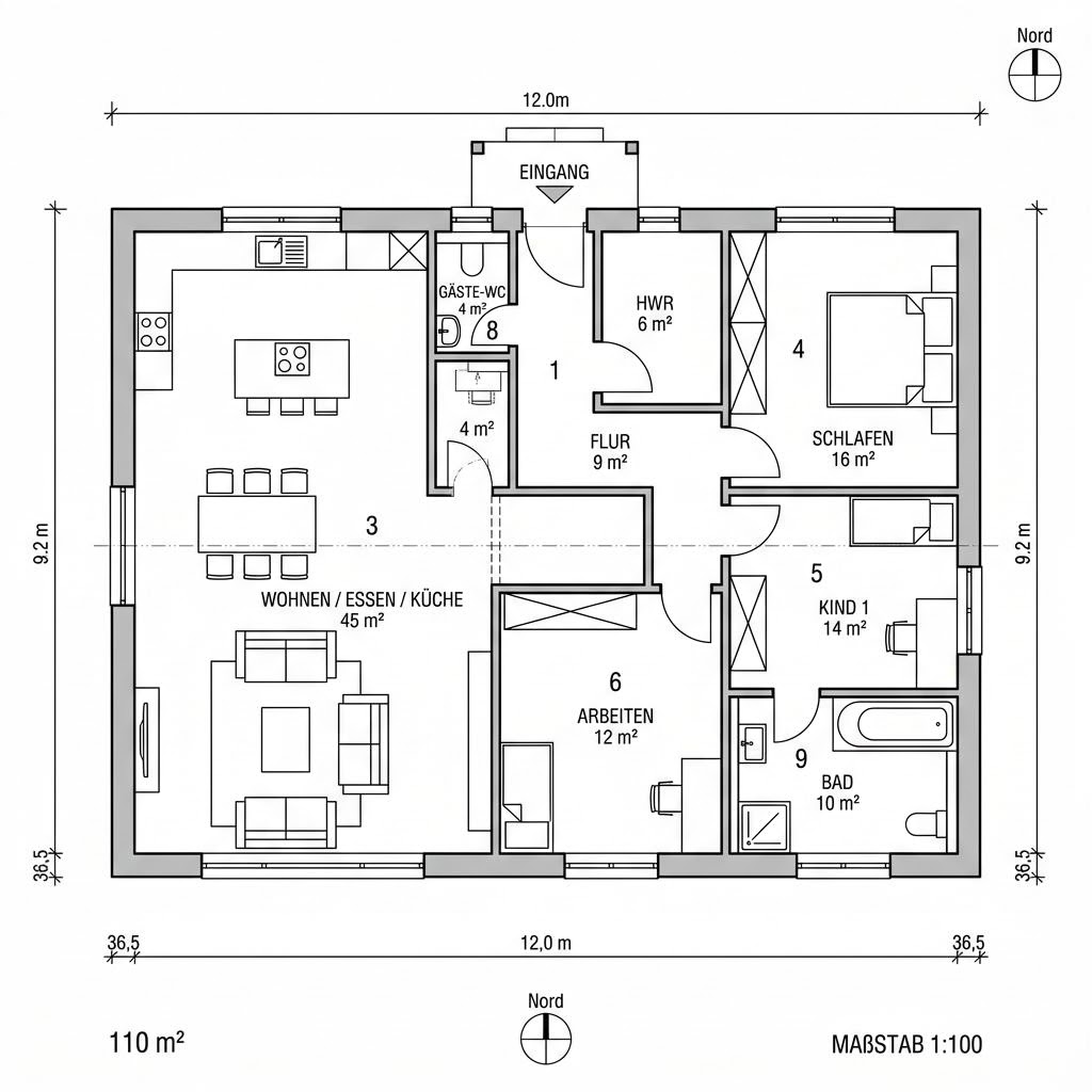 Grundriss Bungalow 110 von HELMA Eigenheimbau — 110 m², 4 Zimmer