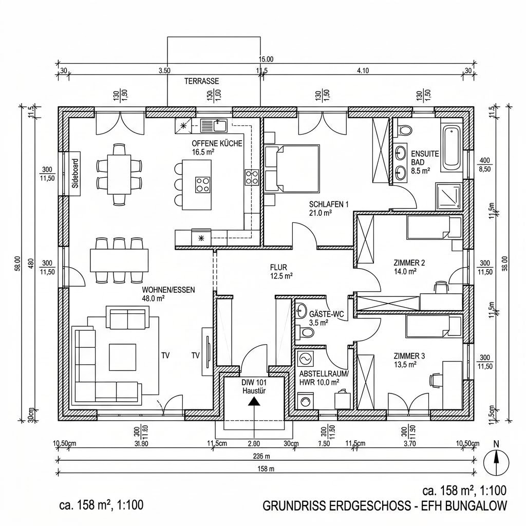 Grundriss Atrium-Bungalow 158 – 158 m² Bungalow mit 4 Zimmern