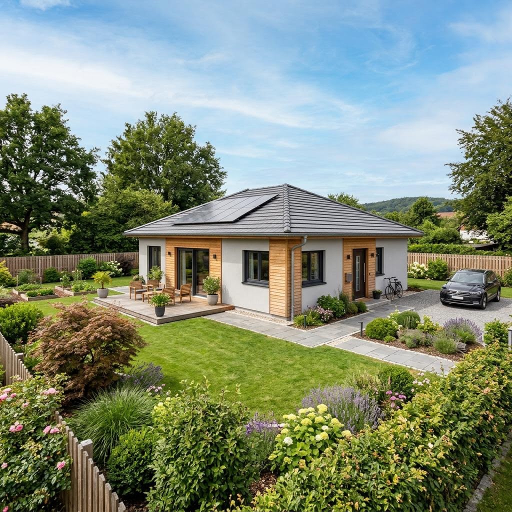 Bungalow Solitär Bungalow 112 von Keitel-Haus — ebenerdiges Holzfertighaus mit Walmdach