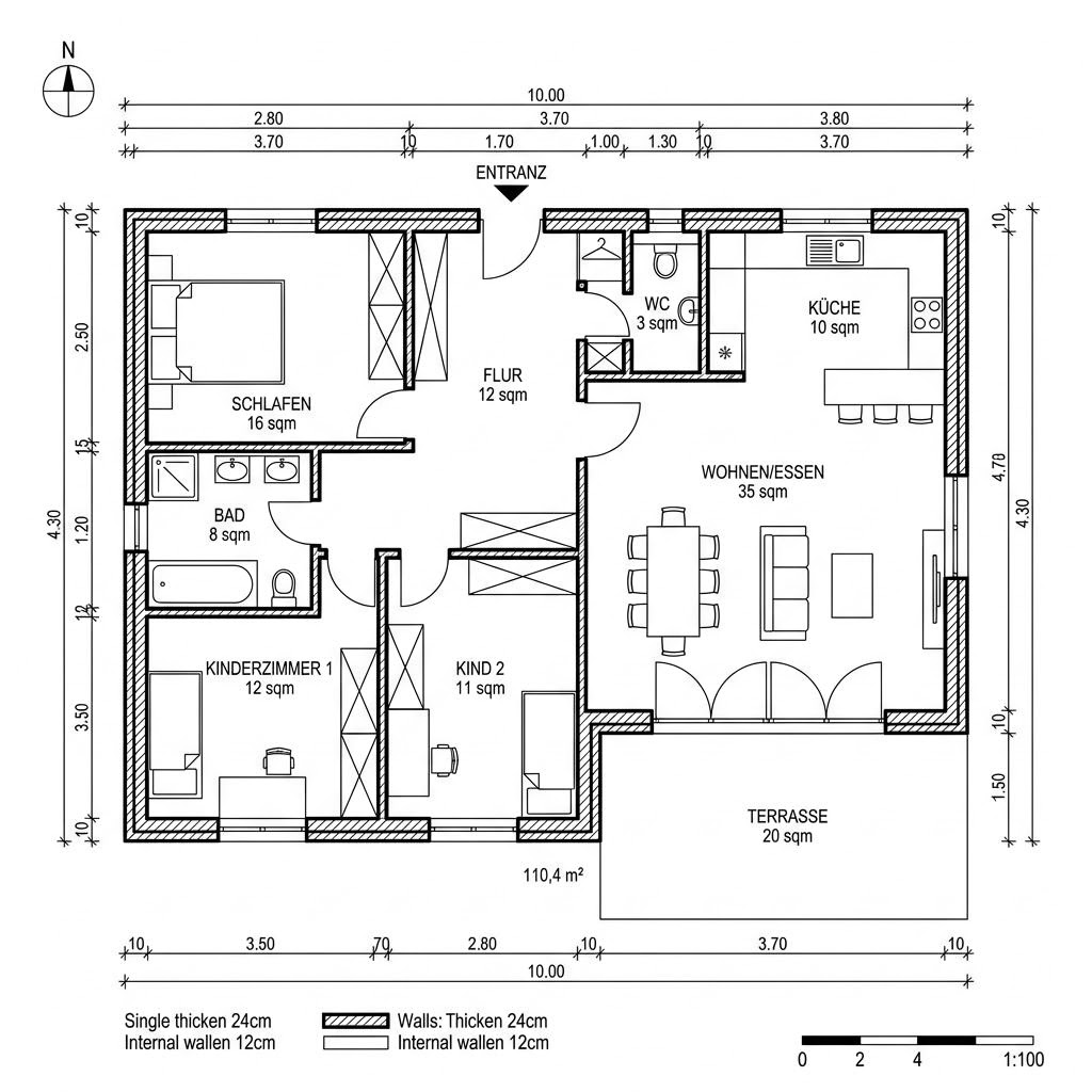 Grundriss Bungalow Trend 110 von Kern-Haus — 110 m², 4 Zimmer