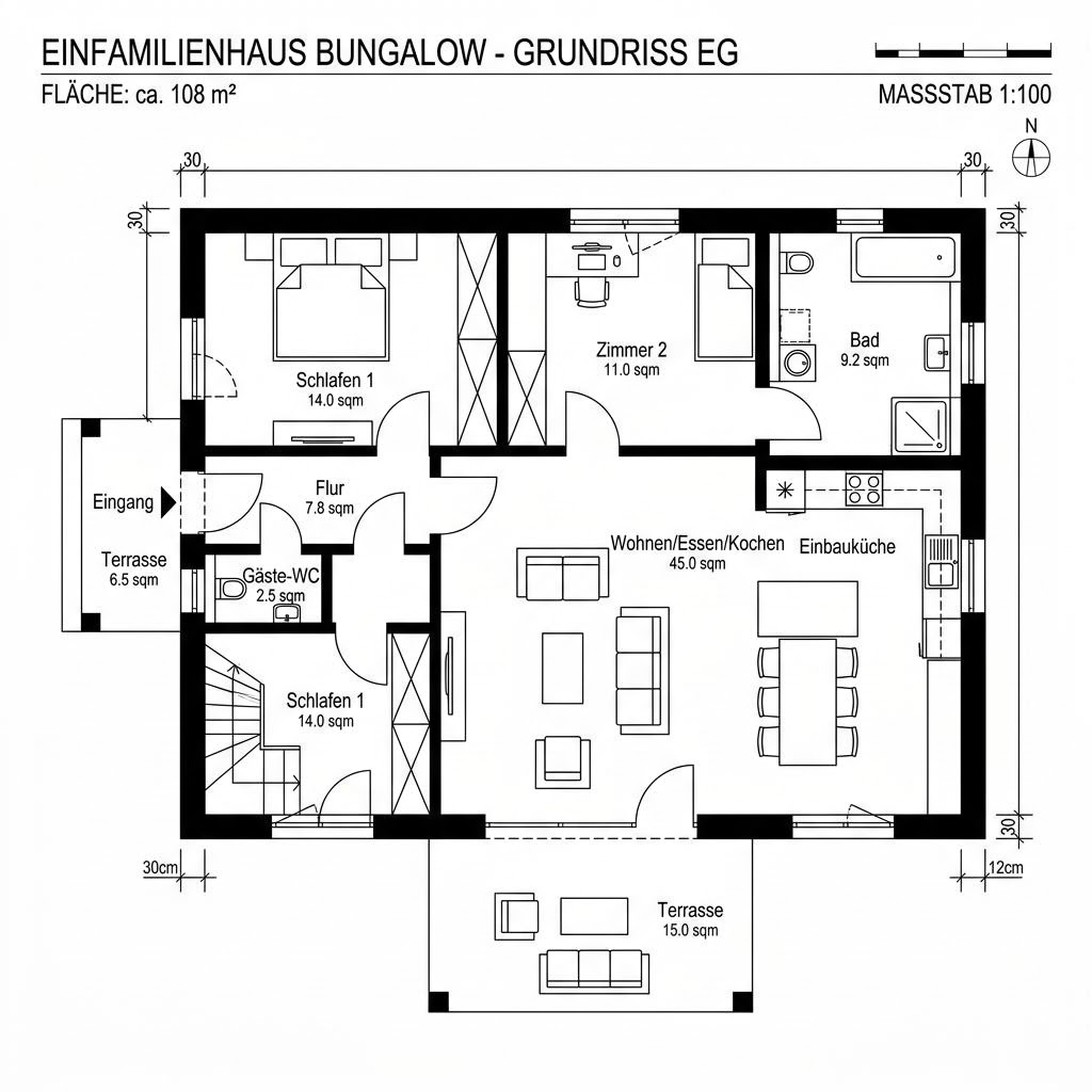 Grundriss Pult Bungalow Solar 108 von Kitzlinger Haus — 108 m², 3 Zimmer