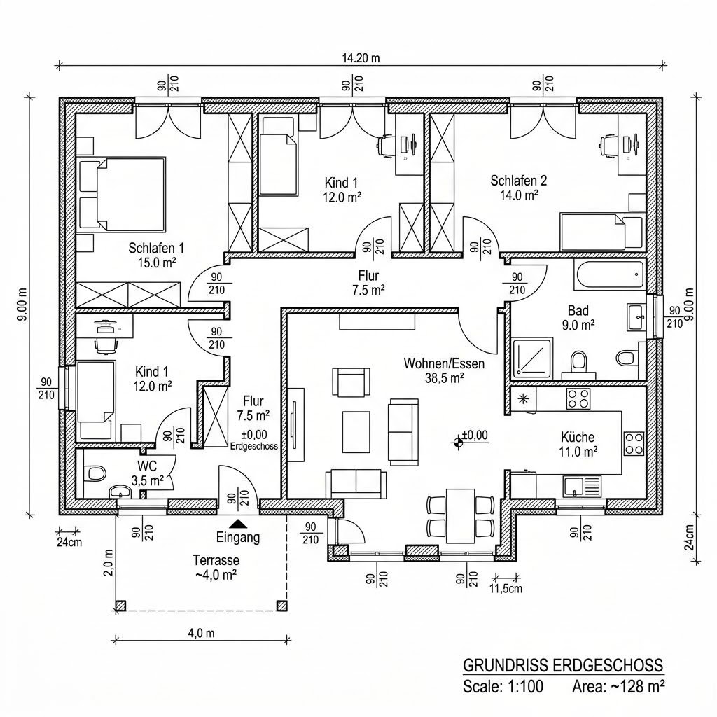 Grundriss Pult Bungalow Solar 128 von Kitzlinger Haus — 128 m², 4 Zimmer