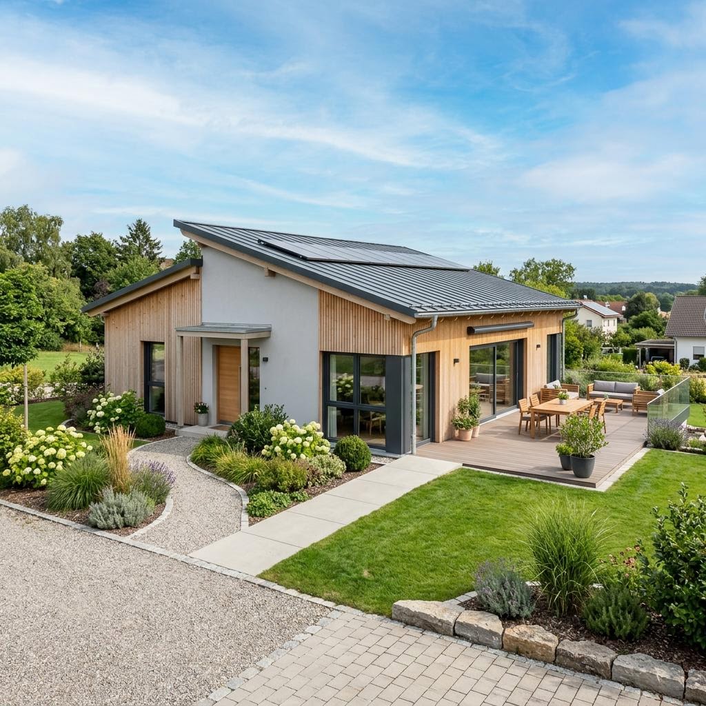 Bungalow Pult Bungalow Solar 135 von Kitzlinger Haus — ebenerdiges Holzfertighaus mit Pultdach