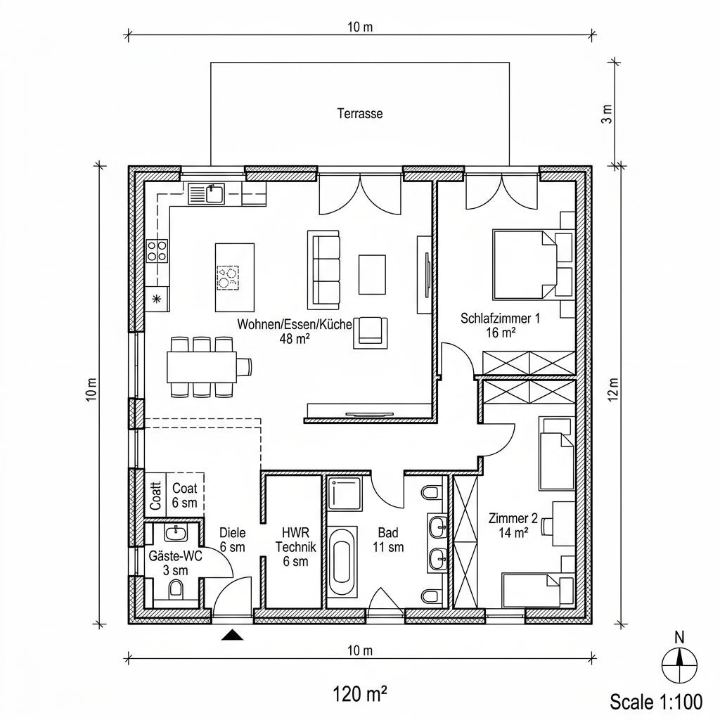 Grundriss Homestory Bungalow 120 von LEHNER HAUS — 120 m², 4 Zimmer