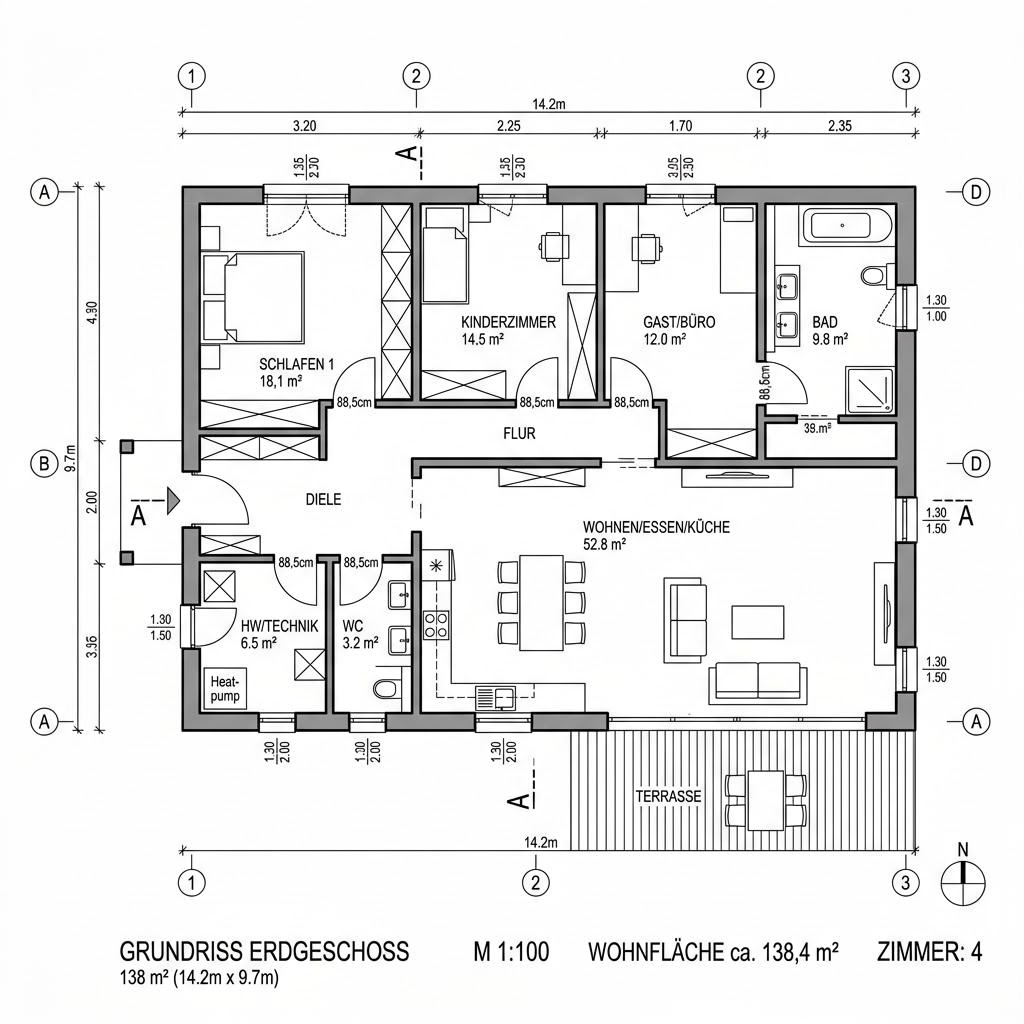 Grundriss Homestory Bungalow 138 von LEHNER HAUS — 138 m², 4 Zimmer