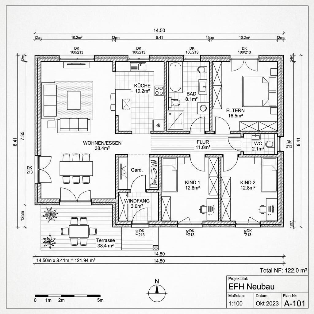 Grundriss Bungalow Vita 122 von OKAL Haus — 122 m², 4 Zimmer