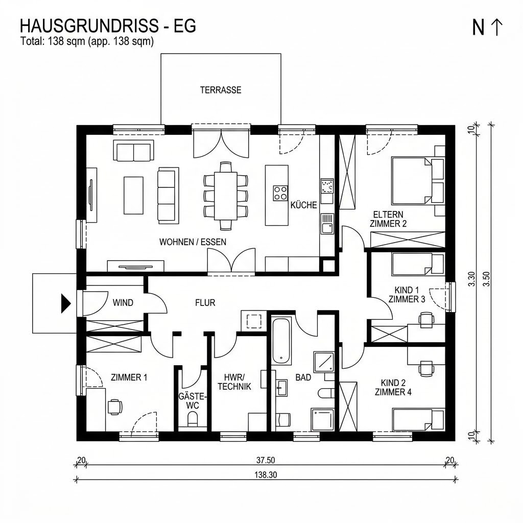 Grundriss Bungalow Vita 138 von OKAL Haus — 138 m², 5 Zimmer