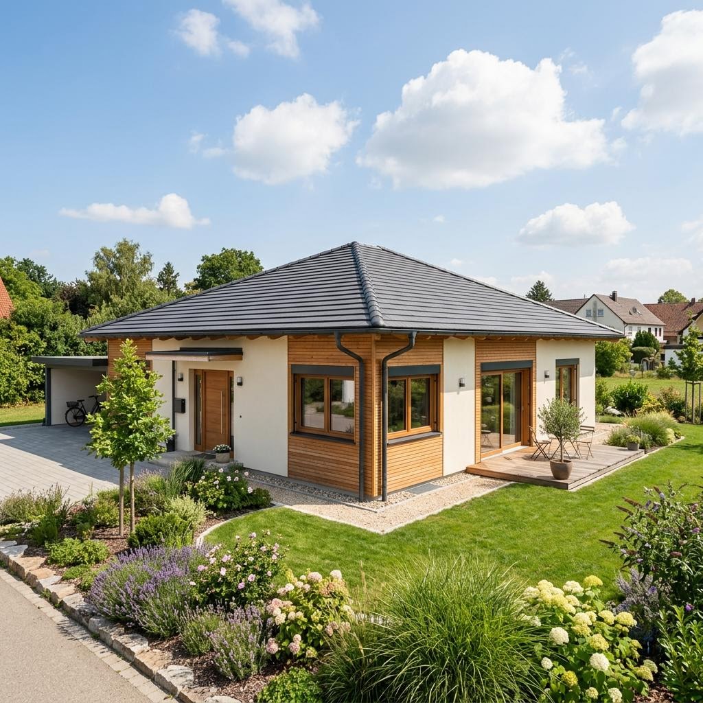Bungalow Vollholz-Bungalow 124 von Petershaus — ebenerdiges Massivholzhaus mit Walmdach