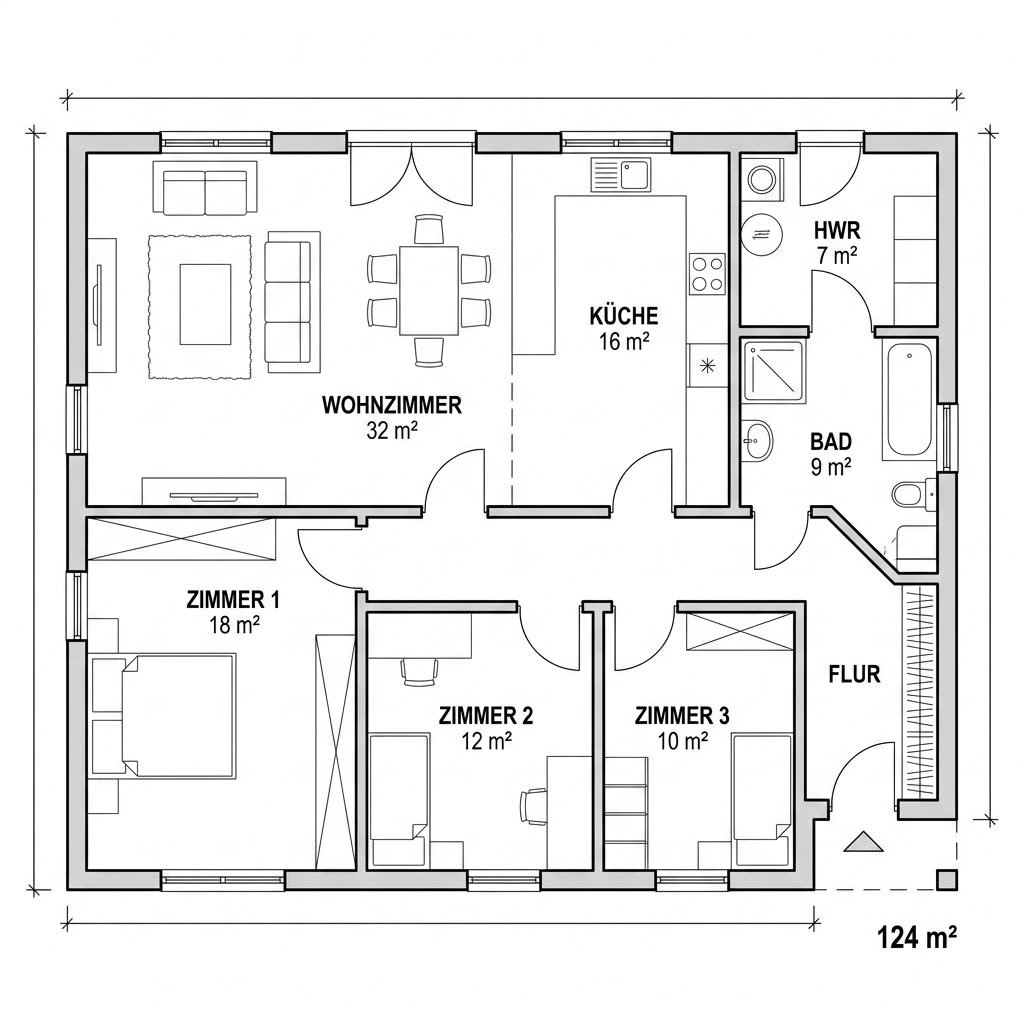 Grundriss Vollholz-Bungalow 124 von Petershaus — 124 m², 4 Zimmer