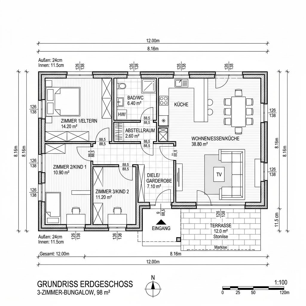 Grundriss Pro Bungalow 98 von ProHaus — 98 m², 3 Zimmer
