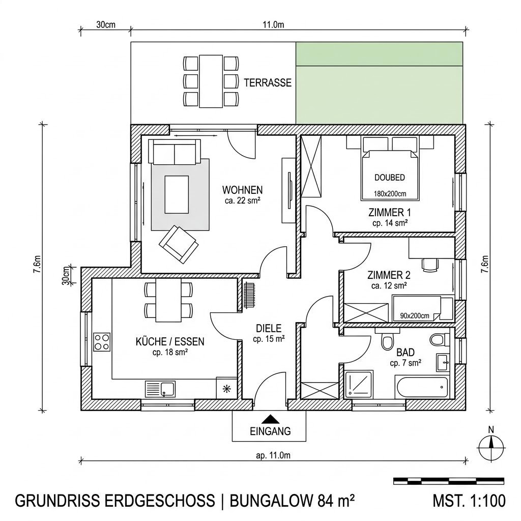 Grundriss Ziegel-Singlehaus 84 von Rötzer Ziegel-Element-Haus — 84 m², 2 Zimmer
