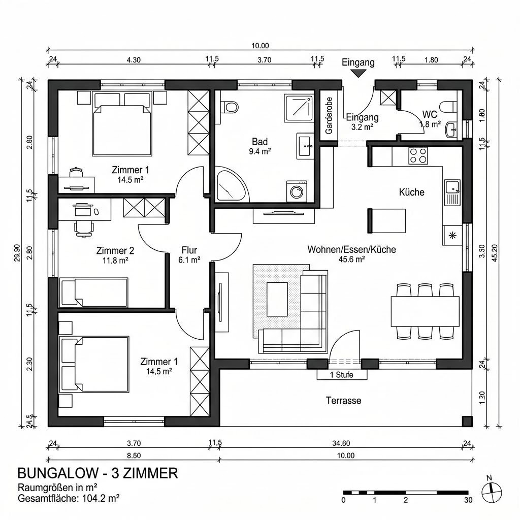 Grundriss Ziegelmassiv-Bungalow 104 von Rötzer Ziegel-Element-Haus — 104 m², 3 Zimmer