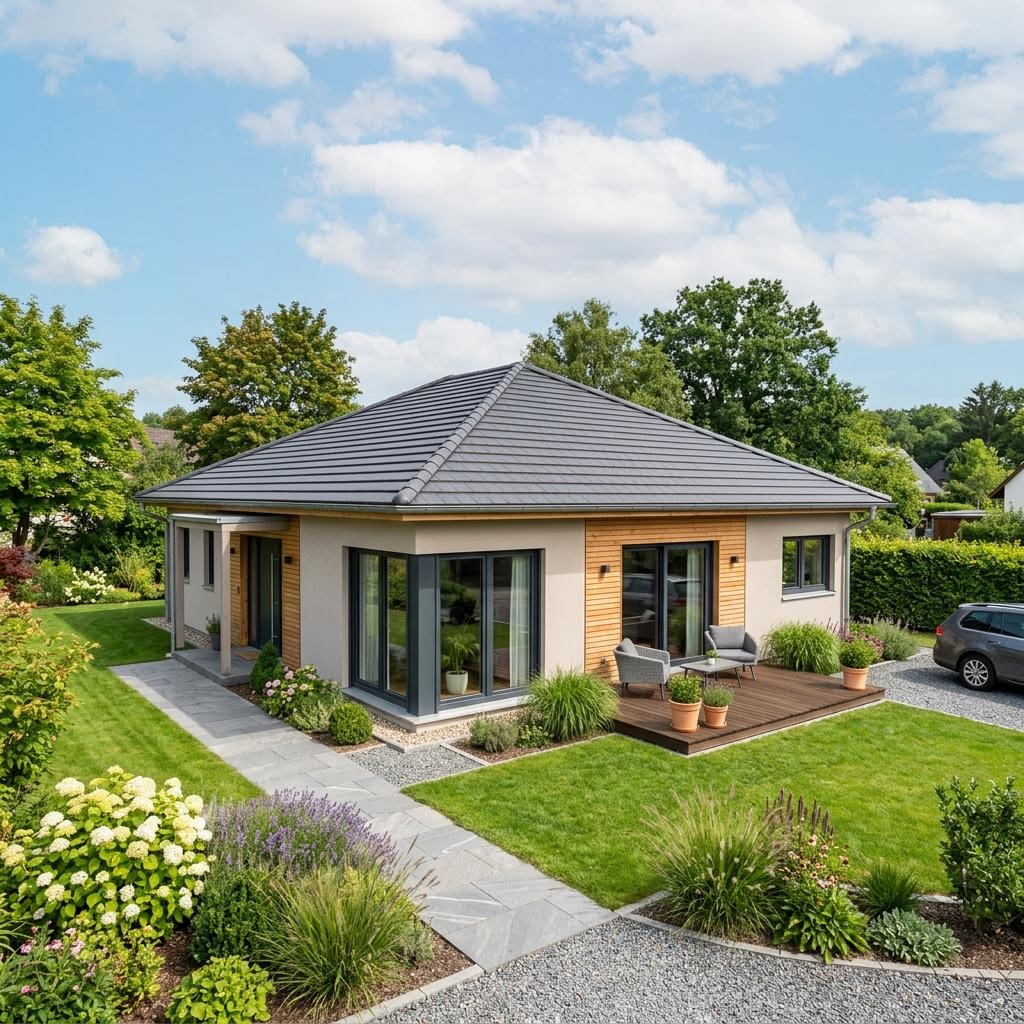 Bungalow SH 137 von ScanHaus Marlow — ebenerdiges Fertighaus mit Walmdach und 137 m²