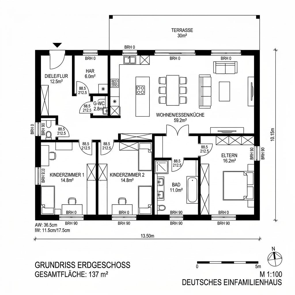 Grundriss Bungalow SH 137 von ScanHaus Marlow — 137 m², 4 Zimmer