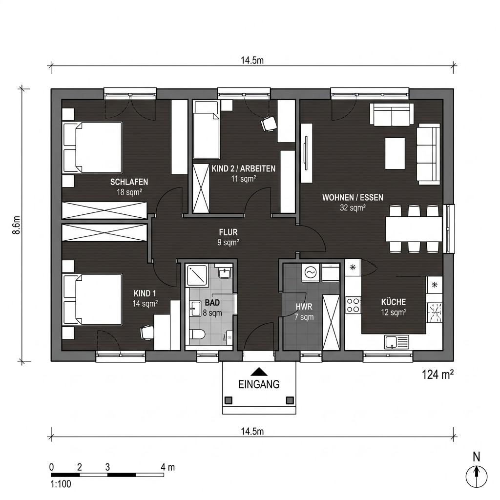 Grundriss Bungalow Rott von Sonnleitner Holzbauwerke — 124 m², 4 Zimmer