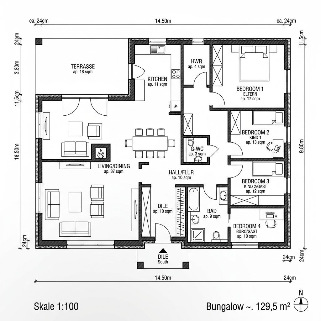 Grundriss Bungalow 129 von Suckfüll Energiesparhaus — 129 m², 4 Zimmer