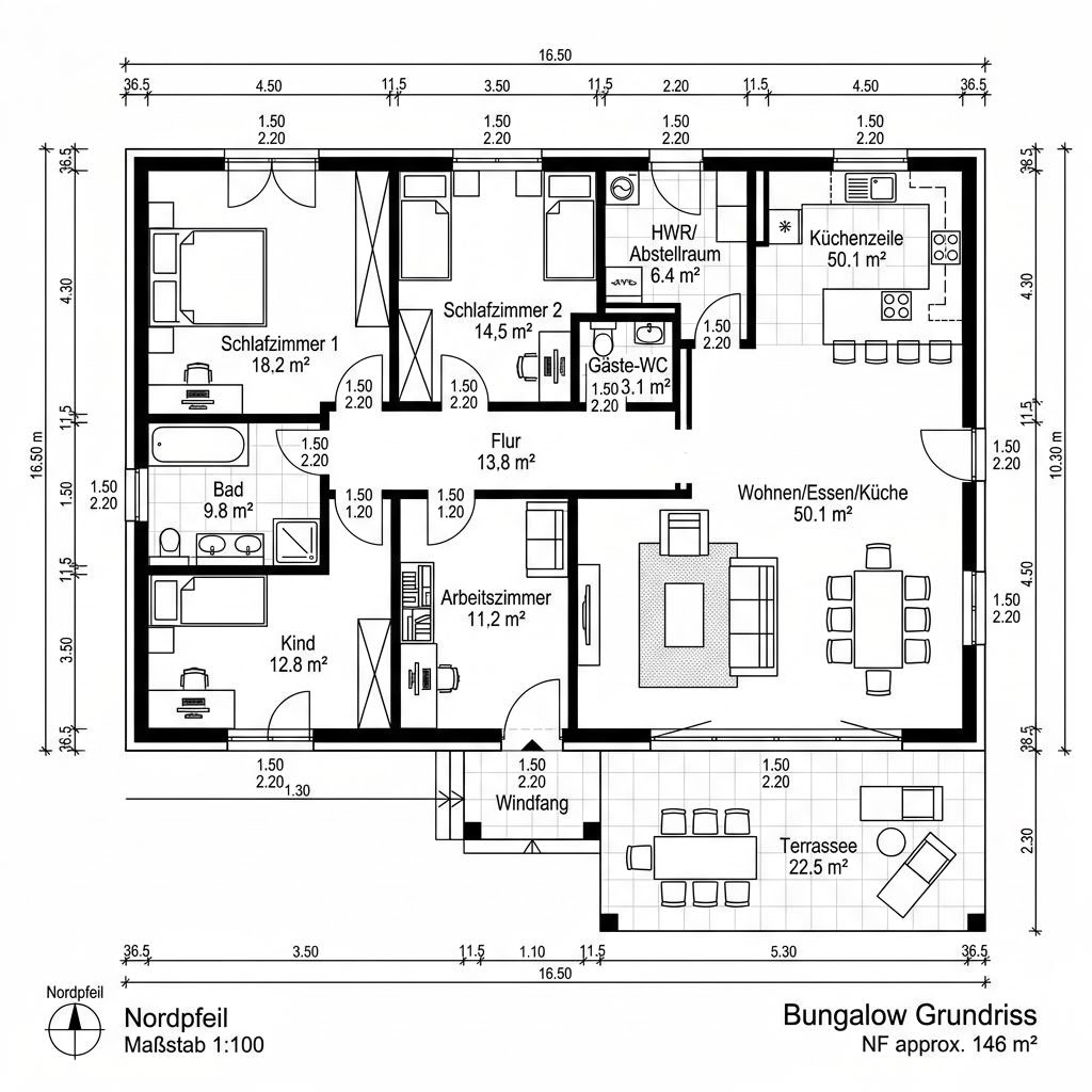 Grundriss Bungalow 146 von Suckfüll Energiesparhaus — 146 m², 5 Zimmer