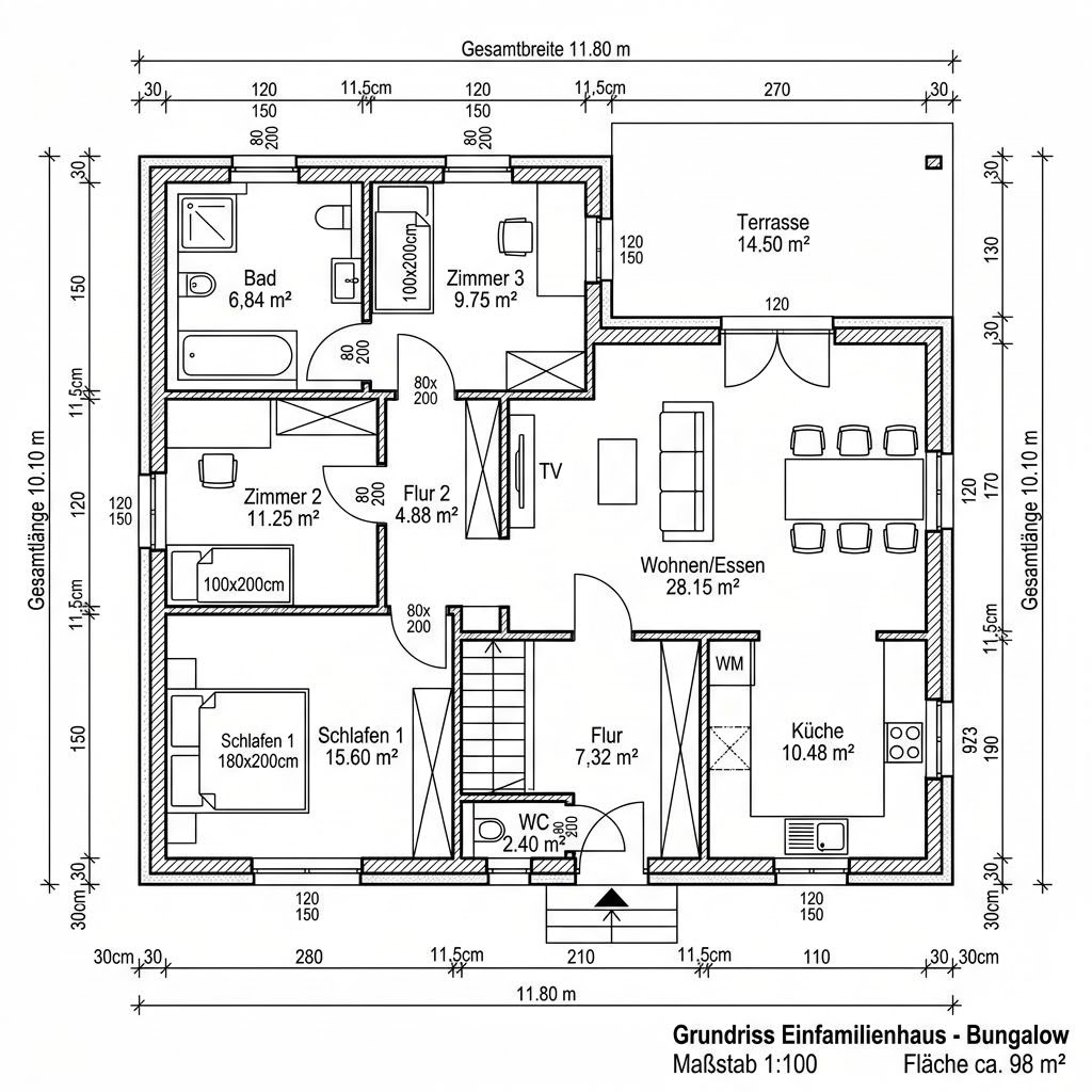 Grundriss Bungalow 98 von Suckfüll Energiesparhaus — 98 m², 3 Zimmer