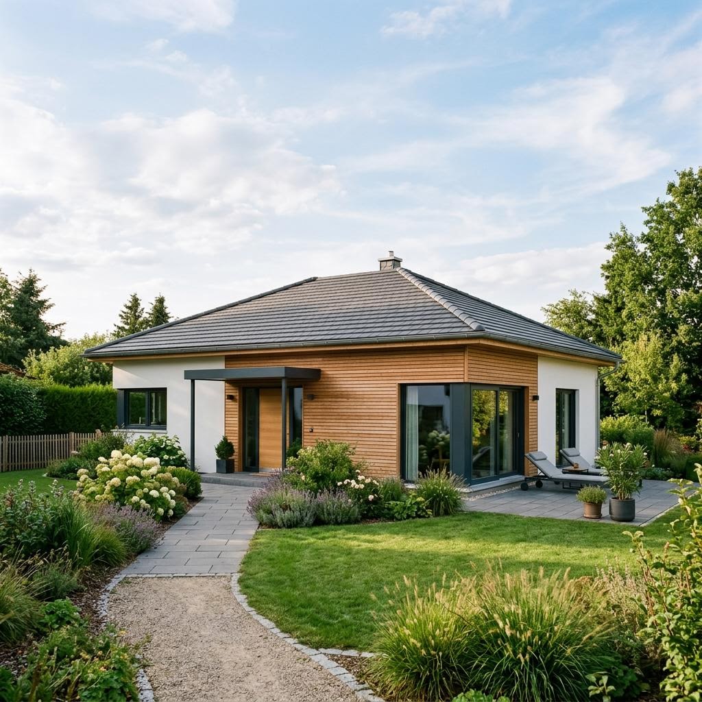 Bungalow 112 von TALBAU-Haus — ebenerdiges Holzfertighaus mit Walmdach und 112 m²