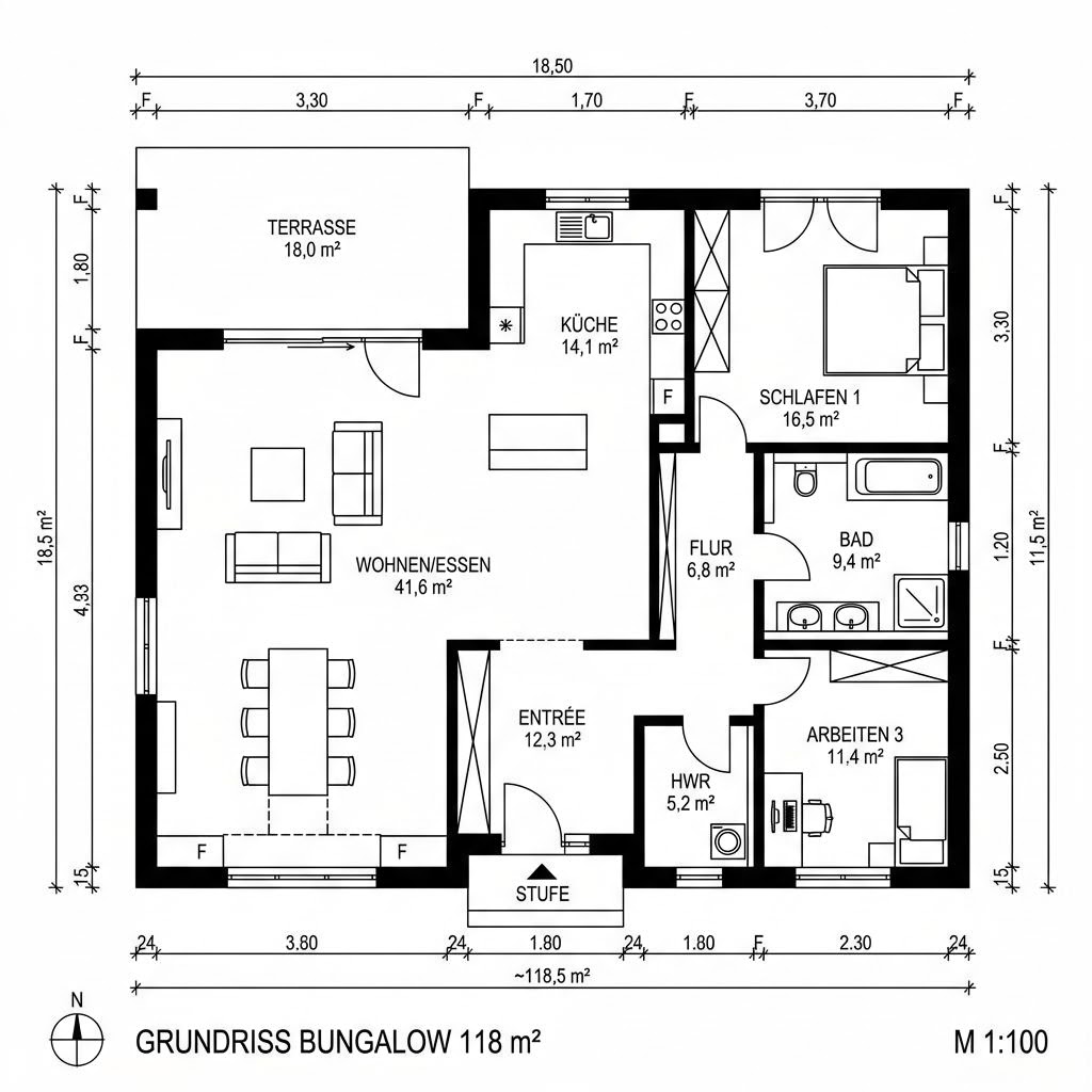 Grundriss Bungalow 118 von TALBAU-Haus — 118 m², 4 Zimmer