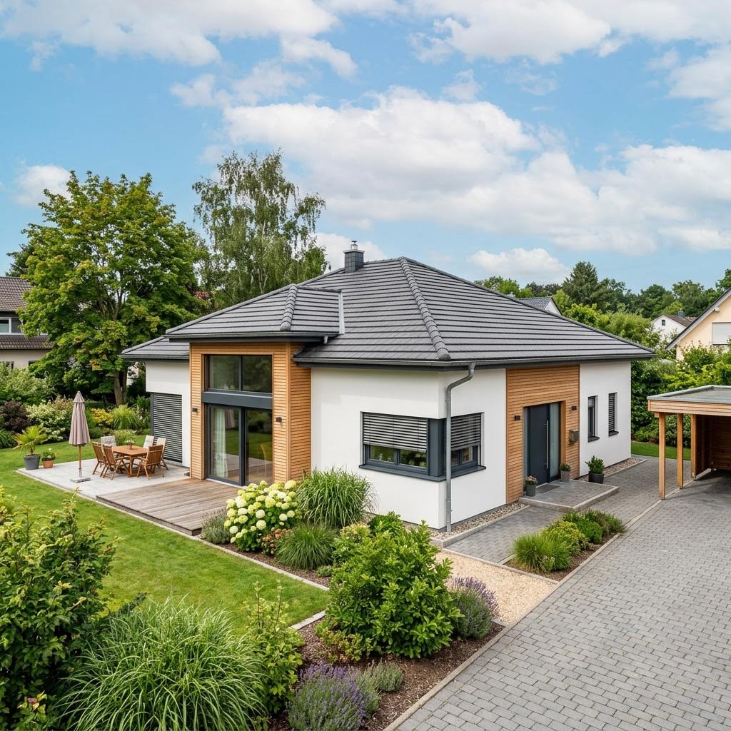 Bungalow 130 von TALBAU-Haus — barrierearmes Holzfertighaus mit Walmdach und 130 m²