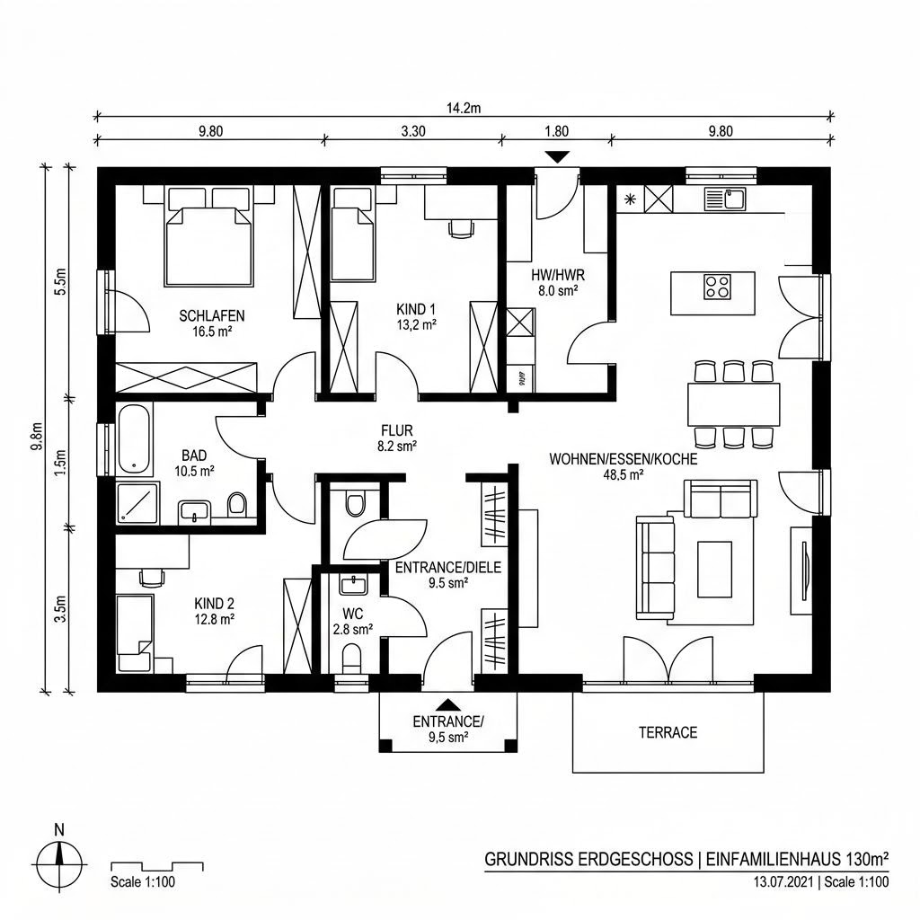 Grundriss Bungalow 130 von TALBAU-Haus — 130 m², 4 Zimmer