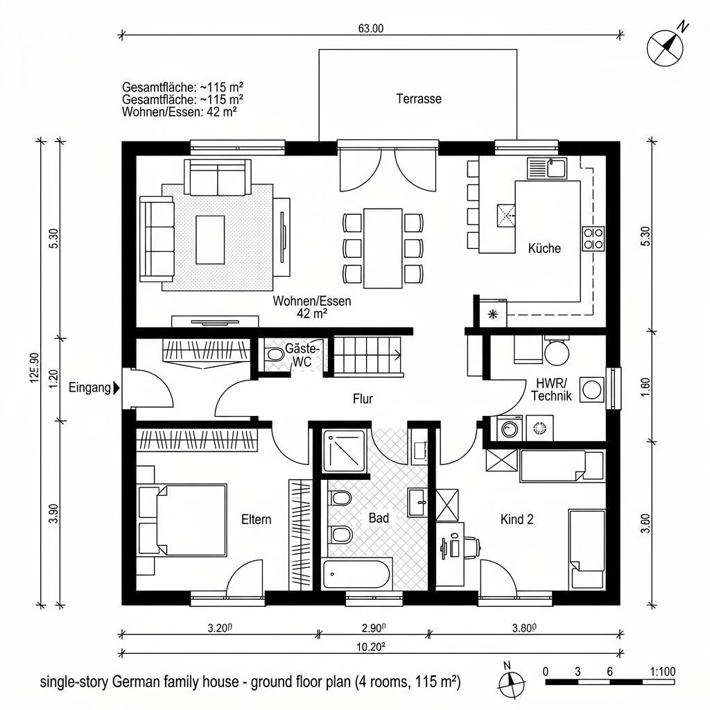 Grundriss Massiv Bungalow 115 von Team Massivhaus — 115 m², 4 Zimmer