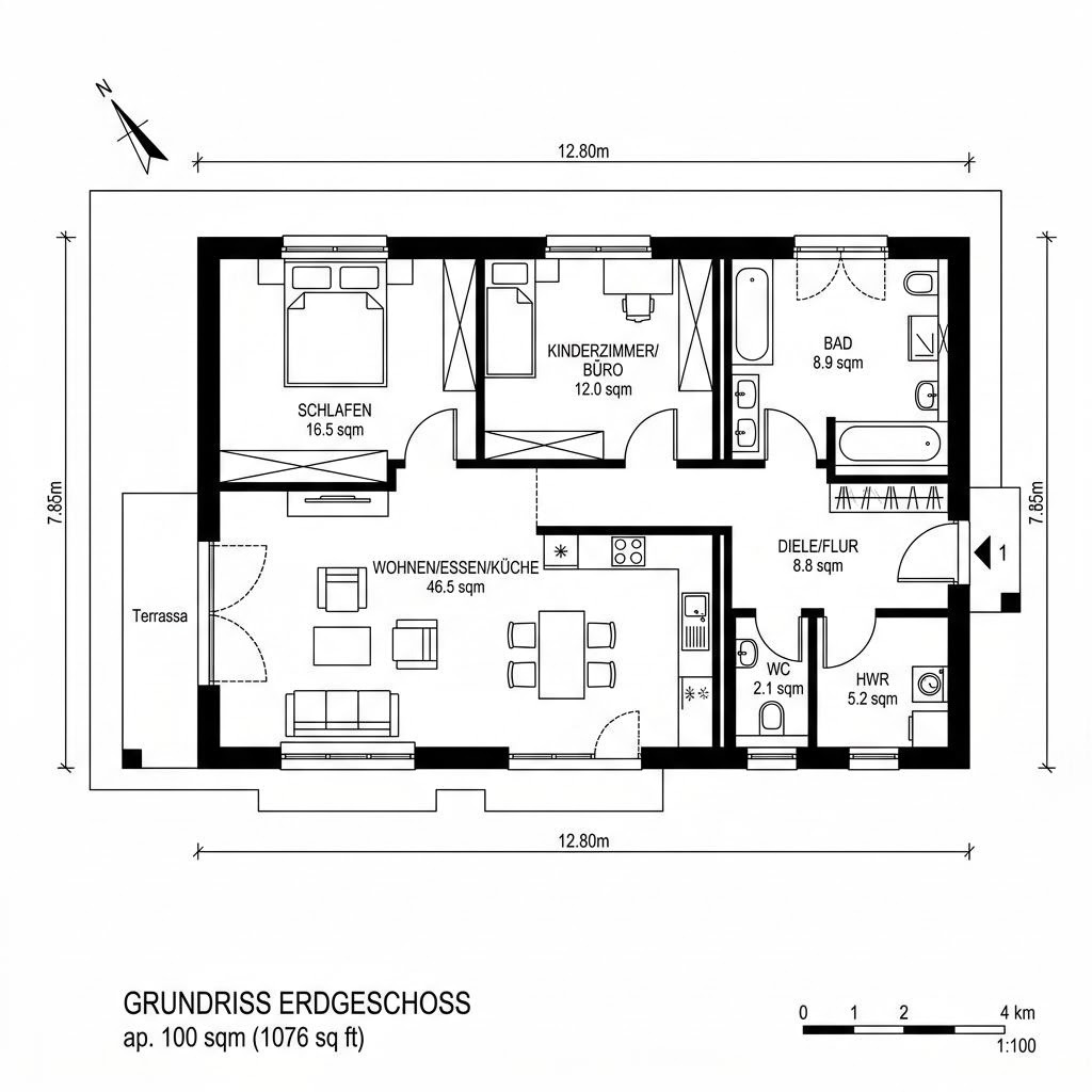 Grundriss Bungalow 100 von Town & Country Haus — 100 m², 3 Zimmer