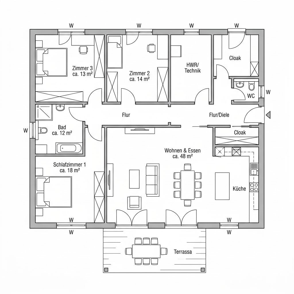 Grundriss Bungalow 128 – 128 m² Bungalow mit 4 Zimmern