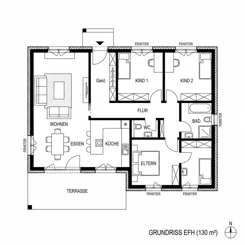 Grundriss Winkelbungalow 130 – 130 m² Winkelbungalow mit 4 Zimmern