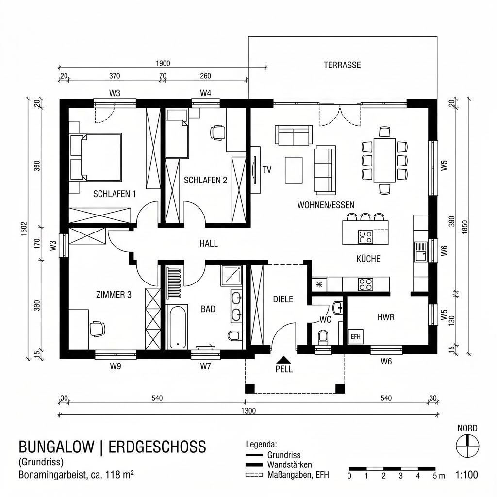 Grundriss Bungalow S118 COMFORT von Vario-Haus Deutschland — 118 m², 4 Zimmer