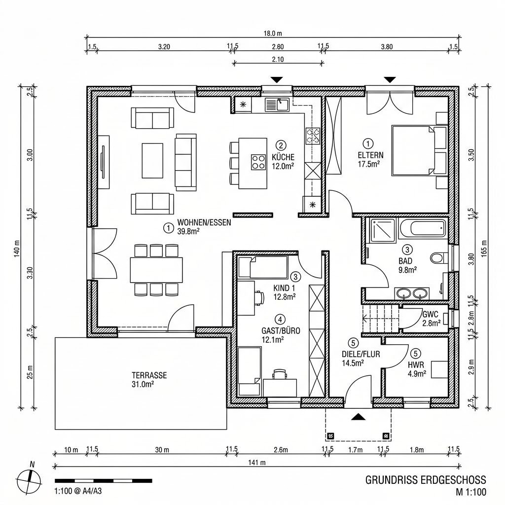 Grundriss Bungalow S141 LARGE PLUS von Vario-Haus Deutschland — 141 m², 5 Zimmer