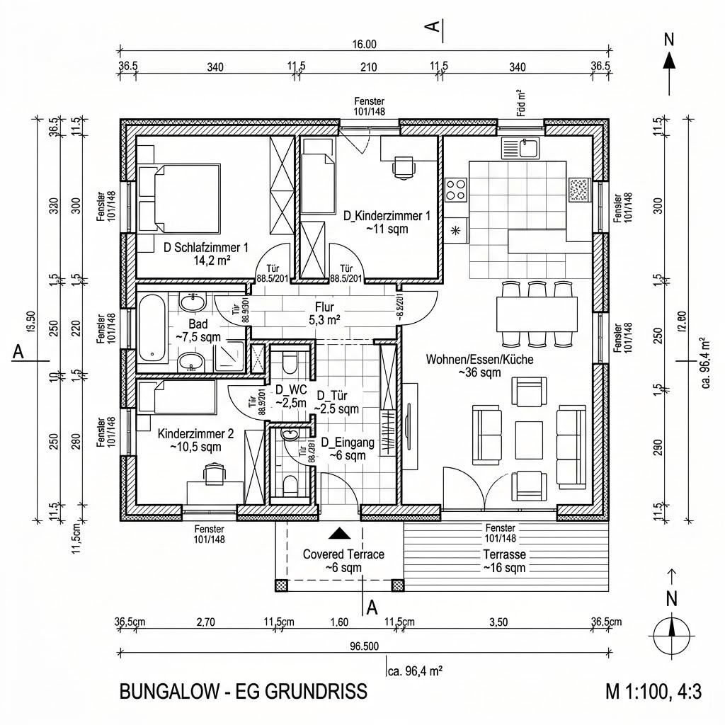 Grundriss Bungalow S96 BASIC von Vario-Haus Deutschland — 96 m², 3 Zimmer