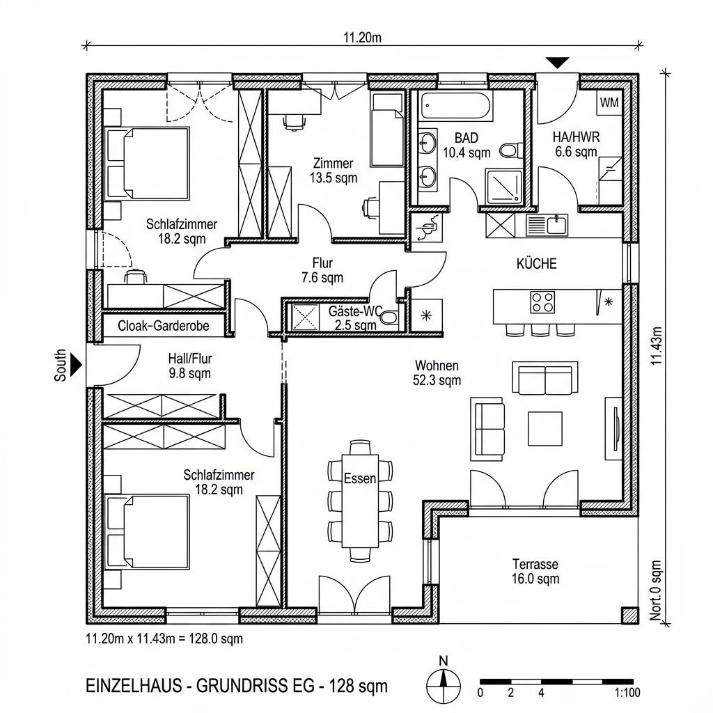 Grundriss Bungalow Generation 128 von WeberHaus — 128 m², 4 Zimmer