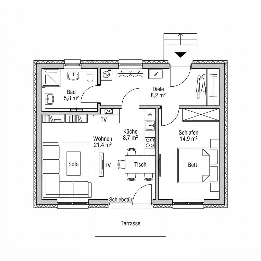 Grundriss Modulhaus Flex 60 von CABIN ONE — 60 m², 2 Zimmer