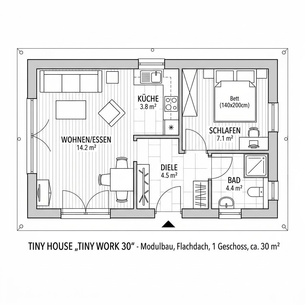 Grundriss Tiny Work 30 – 30 m² Tiny House mit 2 Zimmern