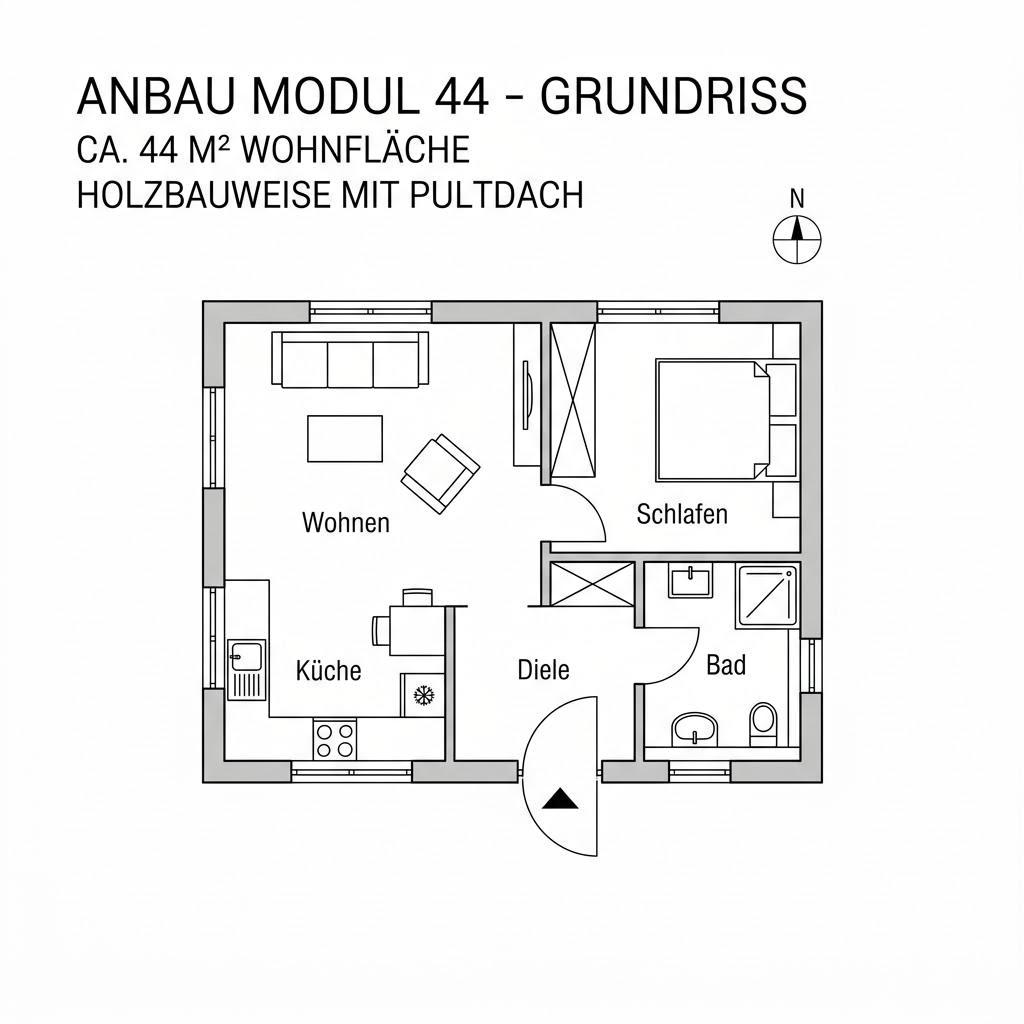Grundriss Anbau Modul 44 von Commod-Haus — 44 m², 2 Zimmer