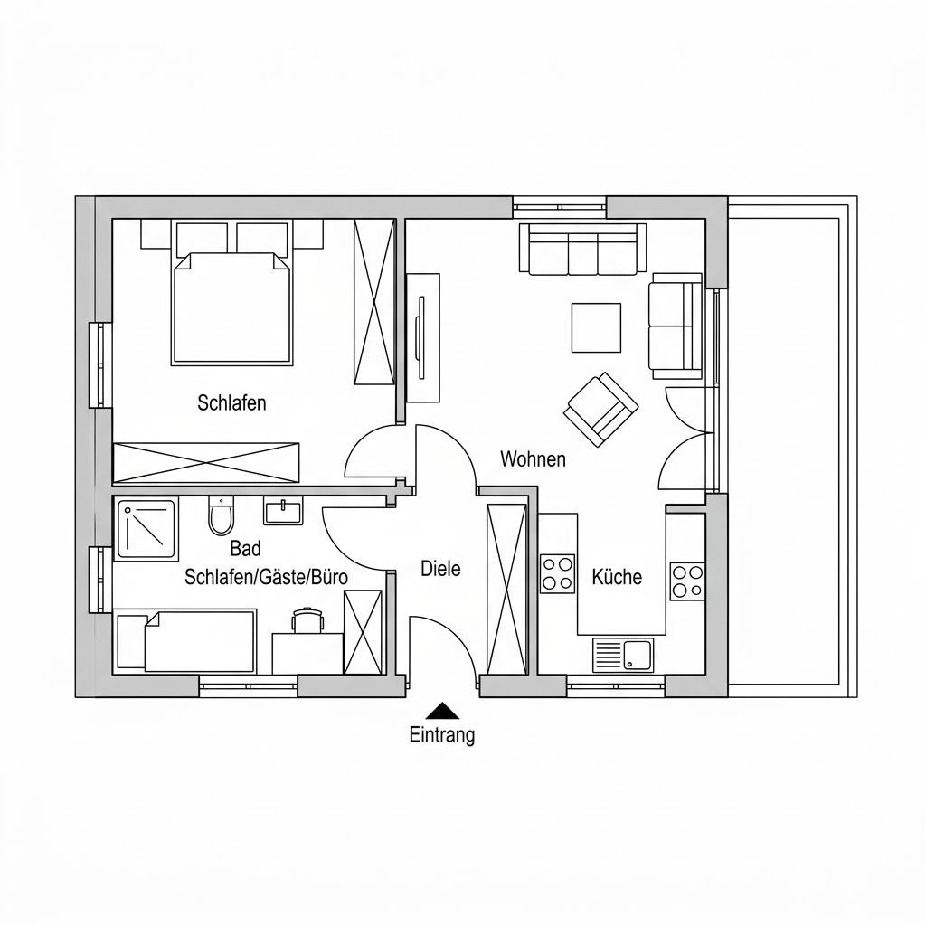 Grundriss Aufstockung Modul 52 von Commod-Haus — 52 m², 3 Zimmer